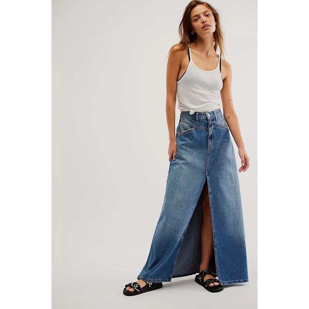 Free People Blue Denim Maxi Skirt with Front Slit